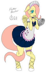 Size: 643x1000 | Tagged: safe, artist:sepiakeys, fluttershy, pegasus, anthro, unguligrade anthro, g4, apron, blush sticker, blushing, choker, clothes, cutie mark on clothes, duster, female, fluttermaid, garter, maid, maid headdress, mare, pleated skirt, puffy sleeves, shoes, skirt, solo, wings