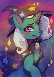 Size: 986x1409 | Tagged: safe, artist:cherivinca, trixie, pony, unicorn, g4, blushing, cape, clothes, female, hat, looking at you, mare, open mouth, smiling, solo, stars, trixie's cape, trixie's hat