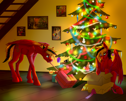Size: 2500x2000 | Tagged: safe, artist:twotail813, oc, oc only, oc:gear, oc:twotail, cat, pegasus, pony, rcf community, 2019, brother and sister, christmas, christmas tree, female, high res, holiday, male, new year, tree, wings