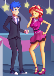 Size: 2480x3508 | Tagged: safe, artist:zelc-face, flash sentry, sunset shimmer, equestria girls, equestria girls series, g4, spoiler:eqg series (season 2), clothes, commission, converse, cute, dress, drink, duo, eyes closed, female, high res, legs, male, miniskirt, ship:flashimmer, shipping, shoes, skirt, smiling, sneakers, straight, suit