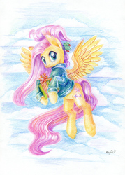 Size: 900x1258 | Tagged: safe, artist:maytee, fluttershy, pegasus, pony, g4, christmas, clothes, colored pencil drawing, cute, female, flying, happy new year, holiday, holly, holly mistaken for mistletoe, looking at you, mare, present, shyabetes, signature, smiling, solo, sweater, traditional art