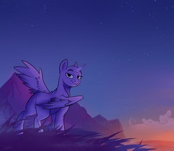 Size: 2040x1770 | Tagged: safe, artist:rutkotka, alicorn, pegasus, pony, unicorn, auction, commission, dawn, female, mare, mist, morning, mountain, smiling, spread wings, tall grass, your character here
