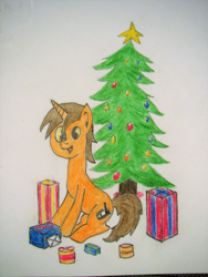Size: 1488x1984 | Tagged: safe, artist:barryfrommars, oc, oc only, oc:digital sketch, pony, unicorn, bell, christmas, christmas tree, holiday, letter, present, simple background, solo, stars, traditional art, tree