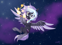 Size: 1108x800 | Tagged: safe, artist:unisoleil, oc, oc only, oc:night swift, pegasus, pony, female, mare, night, solo, two toned wings