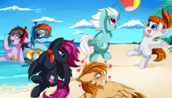 Size: 3062x1755 | Tagged: safe, artist:pridark, fleetfoot, rainbow dash, oc, oc:chloe jones, oc:neon flare, oc:razor winds, oc:sky chase, pegasus, pony, g4, beach, blushing, clothes, cloud, commission, dive mask, female, frog (hoof), goggles, heart, inflatable toy, male, mare, one eye closed, open mouth, sand, sky, smiling, snorkel, stallion, swimsuit, underhoof, water, wonderbolts