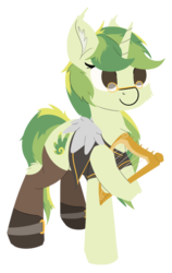 Size: 808x1280 | Tagged: safe, artist:rhythmpixel, oc, oc only, oc:rhythm fruit, pony, unicorn, bard, boots, clothes, coat, cutie mark, fantasy class, female, leggings, lineless, lyre, mare, musical instrument, shoes, simple background, solo, spectacles, transparent background