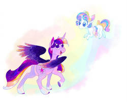 Size: 998x800 | Tagged: safe, artist:thiscrispykat, princess flurry heart, twilight sparkle, alicorn, pony, g4, aunt and niece, colored wings, cute, duo, female, filly, flying, foal, mare, multicolored wings, raised hoof, twilight sparkle (alicorn)