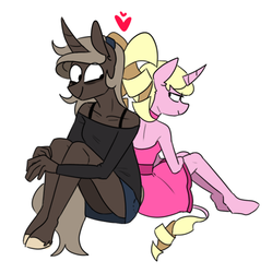 Size: 614x616 | Tagged: safe, artist:redxbacon, oc, oc only, oc:eureka, oc:parch well, unicorn, anthro, clothes, female, lesbian, looking back, mare, oc x oc, shipping, simple background, sitting