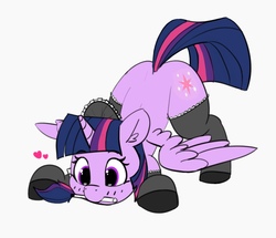 Size: 1256x1080 | Tagged: safe, artist:pabbley, color edit, edit, twilight sparkle, alicorn, pony, g4, blushing, clothes, colored, cute, duster, ear fluff, face down ass up, female, floating heart, heart, maid, maid headdress, mare, mouth hold, shoes, simple background, smiling, socks, solo, spread wings, stockings, thigh highs, twiabetes, twilight sparkle (alicorn), white background, wings