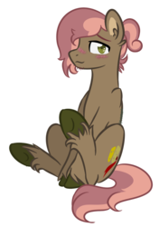 Size: 600x854 | Tagged: safe, artist:sinamuna, oc, oc only, oc:show stopper, pony, base used, blushing, brown fur, facial hair, green eyes, male, next generation, nextgen:sinverse, offspring, parent:button mash, parent:sweetie belle, parents:sweetiemash, pink hair, ponytail, sitting, smiling, solo, stallion, stubble