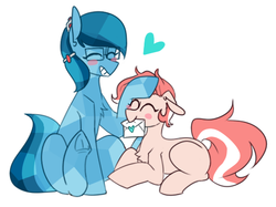 Size: 519x388 | Tagged: safe, artist:redxbacon, oc, oc only, oc:coral, oc:historia, pony, blushing, chest fluff, eyes closed, female, floppy ears, glasses, heart, lesbian, love, mail, mare, simple background, smiling, white background