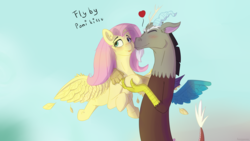 Size: 2560x1440 | Tagged: safe, artist:fuzzypones, discord, fluttershy, draconequus, pegasus, pony, g4, :p, blushing, cheek kiss, cute, discute, feather, female, flying, heart, hoof hold, kissing, male, ship:discoshy, shipping, shyabetes, silly, sky, smooch, straight, text, tongue out
