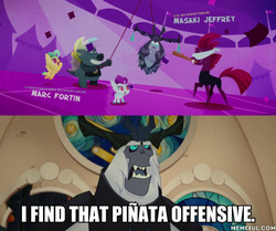 Size: 600x502 | Tagged: safe, edit, edited screencap, screencap, grubber, lilly drop, sea poppy, storm king, tempest shadow, classical hippogriff, hippogriff, pony, unicorn, g4, my little pony: the movie, armor, background pony, blindfold, bojack horseman, broken horn, caption, crown, eye scar, female, hippogriff filly, horn, image macro, jewelry, male, mare, meme, memeful.com, mouth hold, piñata, regalia, scar, text