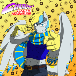 Size: 6107x6106 | Tagged: safe, artist:in3ds2, oc, oc:cirrus sky, anthro, abs, abstract background, absurd resolution, belt, clothes, jojo pose, jojo's bizarre adventure, pointing, scarf, smiling, smirk, solo, spread wings, wings