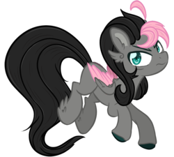 Size: 1071x964 | Tagged: safe, artist:sinamuna, oc, oc only, oc:humble shade, pegasus, pony, ahoge, angry, bags under eyes, base used, black hair, colored hooves, colored wings, colored wingtips, feathered ears, feathered fetlocks, folded wings, gray fur, green eyes, grumpy, male, next generation, nextgen:sinverse, offspring, parent:fluttershy, parent:king sombra, parents:sombrashy, pink hair, redesign, simple background, solo, stallion, tired eyes, transparent background, updated design, wings