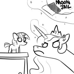 Size: 1650x1650 | Tagged: safe, artist:tjpones, princess celestia, twilight sparkle, pony, unicorn, g4, angry, celestia is not amused, female, glowing horn, horn, lineart, looking at each other, monochrome, simple background, sketch, this will end in tears and/or a journey to the moon, to the moon, unamused, unicorn twilight, wide eyes