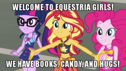 Size: 640x360 | Tagged: safe, edit, edited screencap, screencap, pinkie pie, sci-twi, sunset shimmer, twilight sparkle, equestria girls, g4, my little pony equestria girls: better together, x marks the spot, belly button, bikini, bookhorse, candy, caption, clothes, cropped, female, food, geode of empathy, geode of sugar bombs, geode of telekinesis, hugs?, image macro, magical geodes, midriff, sleeveless, swimsuit, text, welcome