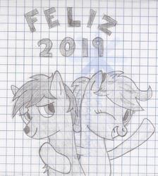 Size: 752x838 | Tagged: safe, artist:malkey-grohiikvokun, oc, oc only, pony, wolf, 2019, graph paper, happy new year 2019, lined paper, monochrome, new year, side hug, solo, traditional art