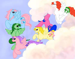 Size: 1007x793 | Tagged: safe, artist:windwhistlerpatch, firefly, lofty, medley, north star (g1), paradise, wind whistler, pegasus, pony, g1, bow, cloud, cute, female, firefly can fly, flyabetes, flying, g1 northabetes, lofty can fly, loftybetes, mare, medley can fly, medleybetes, north star can fly, paradawwse, paradise can fly, sky, smiling, tail bow, whistlerbetes, wind whistler can fly