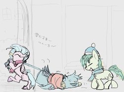 Size: 2048x1535 | Tagged: safe, artist:noupu, gallus, sandbar, silverstream, classical hippogriff, earth pony, griffon, hippogriff, pony, g4, dragging, female, male, stallion, tail, tail pull