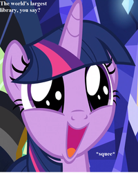 Size: 864x1080 | Tagged: safe, edit, edited screencap, editor:korora, screencap, twilight sparkle, alicorn, pony, g4, shadow play, book, cropped, cute, dialogue, excited, female, solo, squee, that pony sure does love books, twiabetes, twilight fuel, twilight sparkle (alicorn)