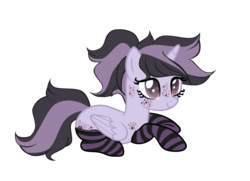 Size: 4093x2971 | Tagged: safe, artist:magicdarkart, oc, oc only, oc:dreamy drift, alicorn, pony, alicorn oc, clothes, cute, female, freckles, lying down, mare, simple background, socks, solo, stockings, striped socks, thigh highs, transparent background