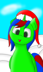 Size: 1185x1963 | Tagged: safe, artist:gamer-shy, oc, oc only, oc:christian clefnote, pony, christmas, cute, hat, holiday, needs more saturation, santa hat, snow, solo, tongue out