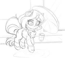 Size: 3400x3000 | Tagged: safe, artist:katakiuchi4u, sunset shimmer, pony, unicorn, g4, chest fluff, clothes, coffee cup, cup, female, high res, jacket, mare, monochrome, pants, sketch, solo, umbrella, wip