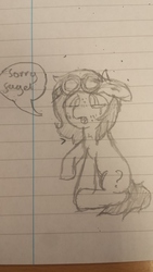 Size: 4128x2322 | Tagged: safe, artist:scotch, oc, oc only, oc:filly anon, earth pony, pony, crying, female, filly, goggles, lineart, lined paper, sad, solo, speech, traditional art