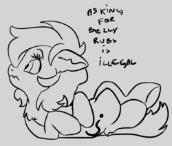 Size: 1148x973 | Tagged: safe, artist:lockhe4rt, oc, oc only, oc:filly anon, bellyrubs, chest fluff, dialogue, ear fluff, female, filly, leg fluff, lineart, looking back, lying down, question mark, simple background, text, wavy mouth, white background, wide eyes