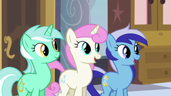Size: 1280x720 | Tagged: safe, screencap, lyra heartstrings, minuette, twinkleshine, pony, unicorn, a canterlot wedding, g4, door, female, mare, open mouth, smiling, trio