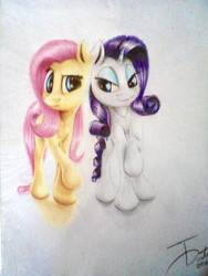 Size: 2736x3648 | Tagged: safe, artist:thatdreamerarts, fluttershy, rarity, pegasus, pony, unicorn, g4, colored, duo, high res, looking at each other, pencil drawing, raised hoof, traditional art