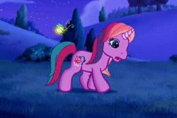 Size: 600x400 | Tagged: safe, screencap, lily lightly, firefly (insect), pony, unicorn, a very pony place, come back lily lightly, g3, animated, flower, shine on, singing, song, sound, webm