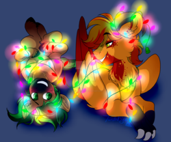 Size: 1280x1067 | Tagged: dead source, safe, artist:twisted-sketch, oc, oc only, oc:grit, oc:jaeger sylva, original species, christmas, christmas lights, holiday