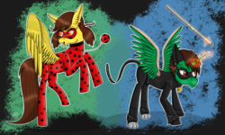 Size: 1200x719 | Tagged: safe, artist:rose-blade, oc, oc only, oc:frost d. tart, oc:golden lily, alicorn, pegasus, pony, alicorn oc, brother and sister, chat noir, clothes, cosplay, costume, female, magic, male, mare, miraculous ladybug, stallion
