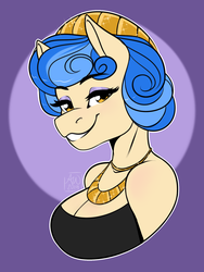 Size: 1423x1893 | Tagged: safe, artist:fairdahlia, sapphire shores, earth pony, anthro, g4, abstract background, bare shoulders, beautiful, clothes, cute, female, jewelry, mare, necklace, smiling, solo