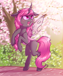 Size: 1920x2304 | Tagged: safe, artist:dsp2003, oc, oc only, oc:esalen, changeling, changeling queen, braid, changeling queen oc, cherry blossoms, cherry tree, commission, cute, cute little fangs, cuteling, fangs, female, flower, flower blossom, mare, open mouth, pink changeling, rearing, slit pupils, solo, tree