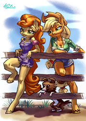 Size: 1378x1938 | Tagged: safe, artist:holivi, applejack, carrot top, golden harvest, winona, dog, earth pony, anthro, unguligrade anthro, g4, breasts, cleavage, clothes, female, fence, freckles, legs, mare
