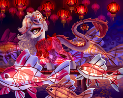 Size: 2067x1654 | Tagged: safe, artist:holivi, oc, oc only, dracony, fish, hybrid, koi, pony, g4, bell, clothes, commission, eyeshadow, fangs, female, koi fish, lantern, lidded eyes, looking at you, makeup, mare, mask, paper lantern, pier, profile, see-through, slit pupils, smiling, solo, tail fluff, tail wrap, walking