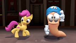 Size: 1920x1080 | Tagged: safe, artist:tbwinger92, scootaloo, worm, g4, 3d, baseball cap, cap, crossover, cutie mark, gmod, hat, the cmc's cutie marks, worms, worms (video game)