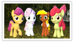Size: 1920x1080 | Tagged: safe, artist:tbwinger92, apple bloom, scootaloo, sweetie belle, oc, pony, g4, 3d, cutie mark, cutie mark crusaders, female, filly, gmod, photo, simple background, the cmc's cutie marks, transparent background