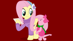 Size: 1920x1080 | Tagged: safe, artist:ianpony98, fluttershy, pegasus, pig, pony, g4, my little pony best gift ever, clothes, crossover, earmuffs, fluttershy's purple sweater, male, piglet, scarf, sweater, winnie the pooh, winter outfit