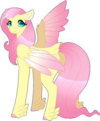 Size: 903x1089 | Tagged: safe, artist:nobleclay, fluttershy, pegasus, pony, g4, colored wings, colored wingtips, feathered fetlocks, female, mare, simple background, solo, tail feathers, transparent background