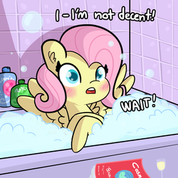 Size: 1650x1650 | Tagged: safe, artist:tjpones, fluttershy, pegasus, pony, bath, blushing, bottle, bubble, bubble bath, cosmopolitan, cute, d:, dialogue, embarrassed, female, glass, leaning, lewd, looking at you, magazine, mare, open mouth, shampoo, shyabetes, solo, spread wings, we don't normally wear clothes, wide eyes, wine glass, wings