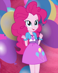 Size: 866x1080 | Tagged: safe, screencap, pinkie pie, equestria girls, g4, balloon, bracelet, clothes, cropped, cute, dress, female, geode of sugar bombs, heart, heart print, innocent, jacket, jewelry, legs together, looking at you, magical geodes, necklace, pink skirt, ribbon, skirt, smiling, solo, standing, top