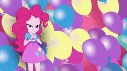 Size: 1920x1080 | Tagged: safe, screencap, pinkie pie, equestria girls, g4, animated, balloon, breaking the fourth wall, female, geode of sugar bombs, magical geodes, solo, sound, webm, youtube link, youtube video