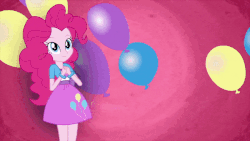Size: 800x450 | Tagged: safe, screencap, pinkie pie, equestria girls, g4, animated, balloon, female, geode of sugar bombs, gif, looking at you, magical geodes, solo
