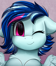 Size: 1722x2003 | Tagged: safe, artist:pridark, oc, oc only, oc:yun flow, pegasus, pony, bust, commission, cute, floppy ears, looking at you, ocbetes, one eye closed, portrait, smiling, solo, wink
