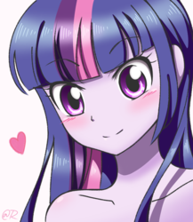 Size: 650x750 | Tagged: safe, artist:tastyrainbow, twilight sparkle, equestria girls, g4, anime, bare shoulder portrait, bare shoulders, big eyes, blushing, bust, cute, female, implied nudity, looking at you, portrait, smiling, solo, twiabetes, twilight sparkle (alicorn)