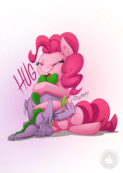 Size: 955x1351 | Tagged: safe, artist:mysticalpha, pinkie pie, spike, dragon, earth pony, pony, g4, eyes closed, female, glomp, hape, happy, hug, male, mare, open mouth, smiling, spikelove, winged spike, wings